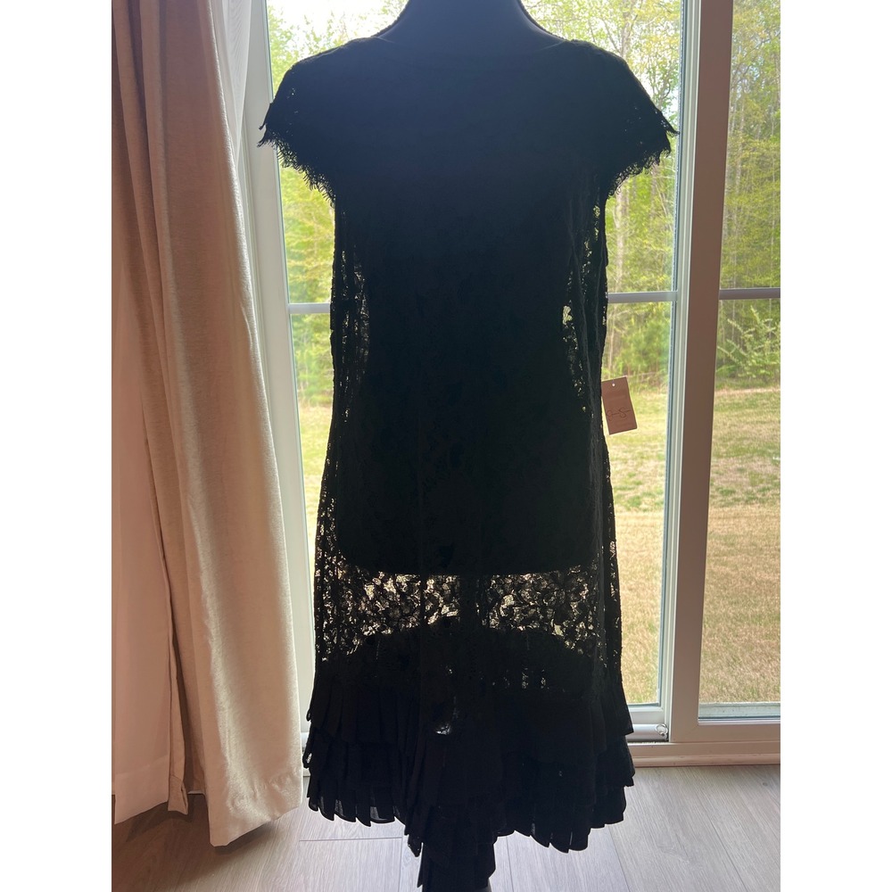 Jessica Simpson Sheer Black Lace Tiered Pleated Hem U-Back Dress Women's 12 NEW‎